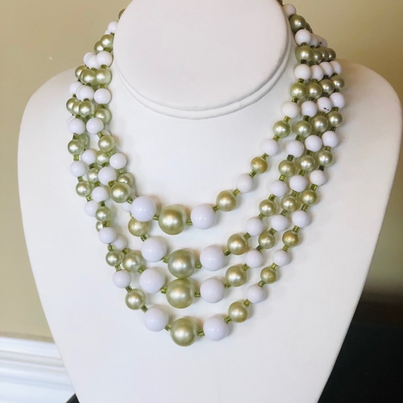 Vintage 4 Strand Green and White Bead Necklace